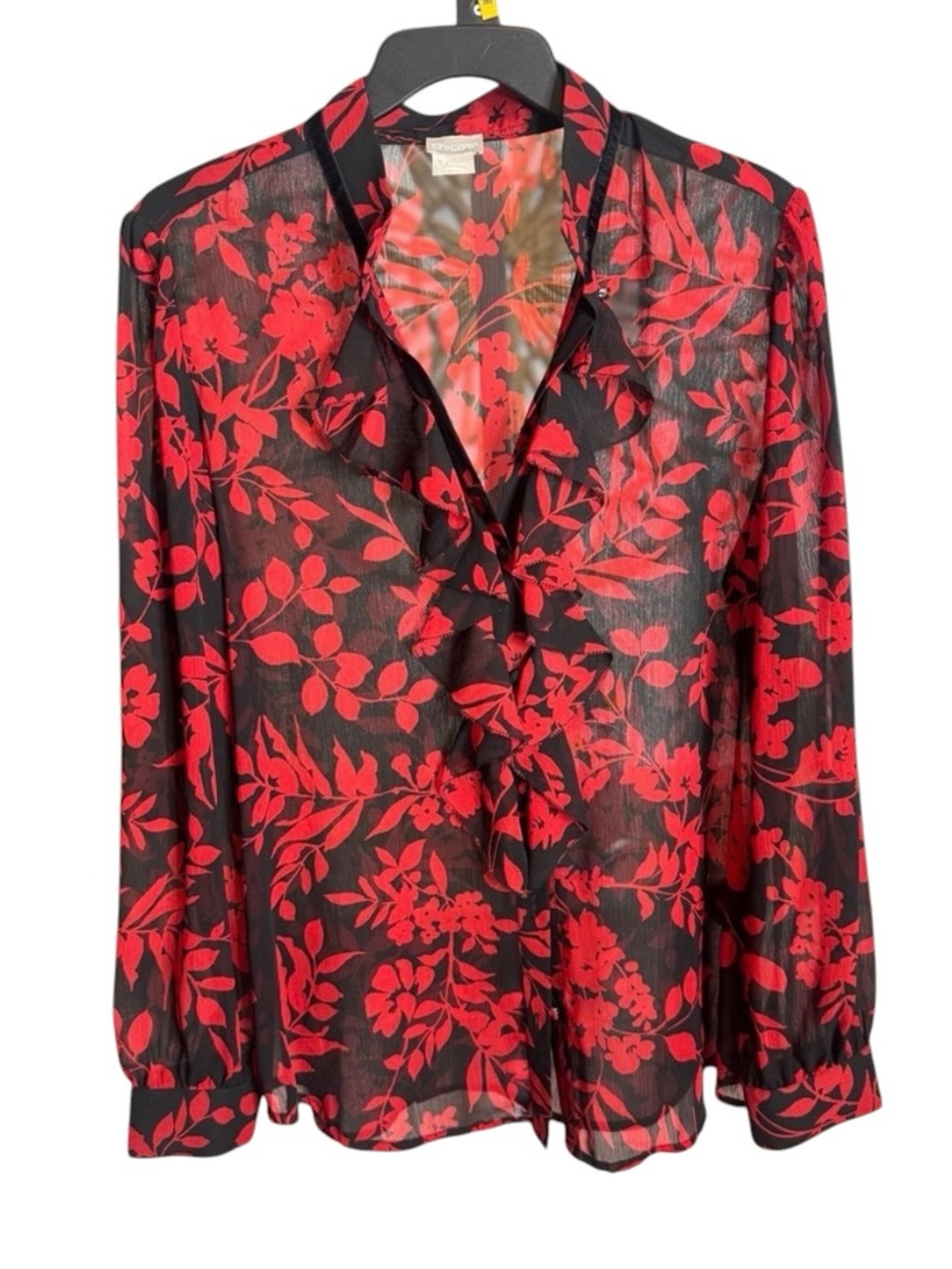 Chico's Black Sheer Blouse with Red Floral Ruffle‎ Front